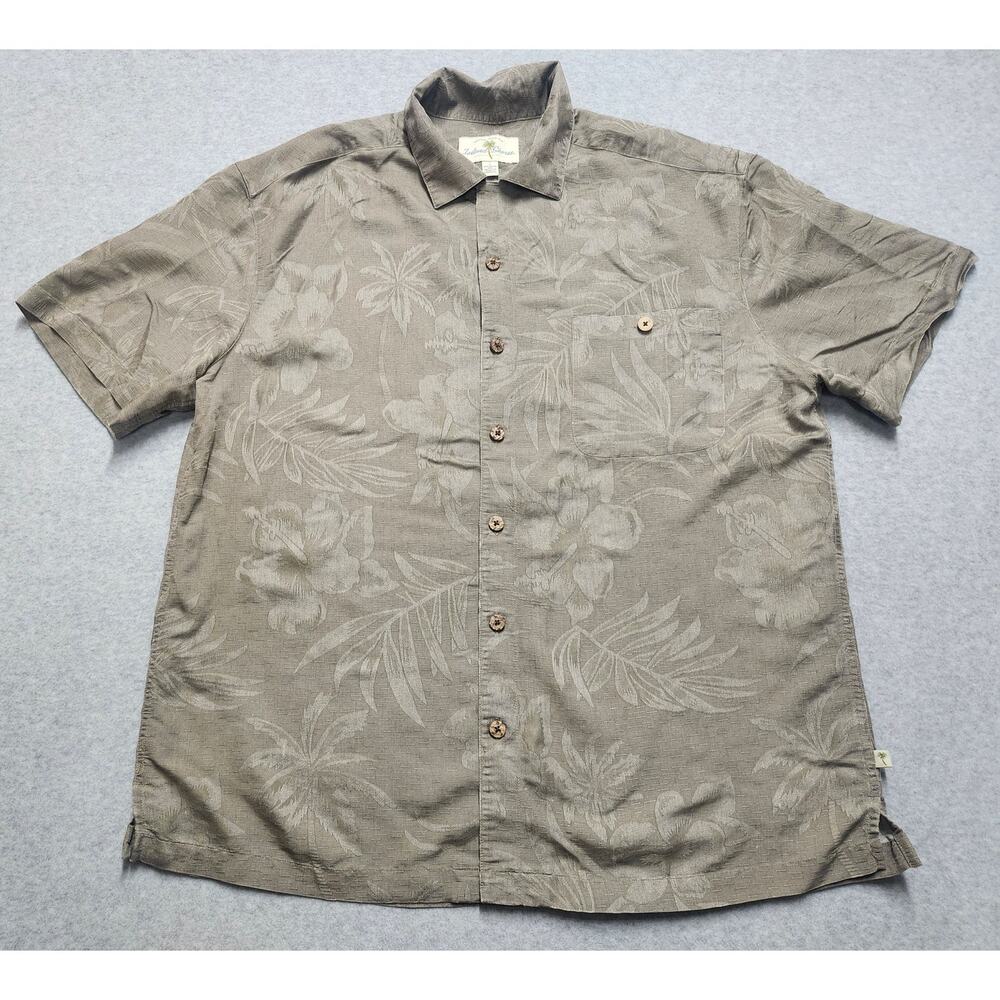 Island Shores Hawaiian Shirt Mens L Taupe Floral Camp Rayon Blend